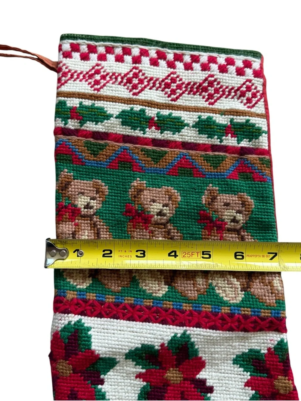Vintage Wool Needlepoint Christmas Stocking Teddy Bears Poinsettia Holiday Decor